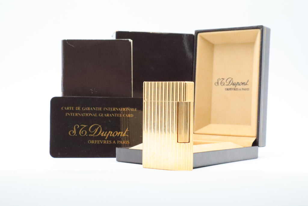 S.T. Dupont Ligne 2 Grand Modele large gold vertical stripes lighter with original box and guarantee card