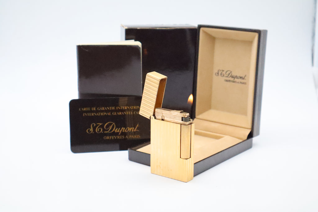 S.T. Dupont Ligne 2 Grand Modele large gold vertical stripes lighter with original box and guarantee card