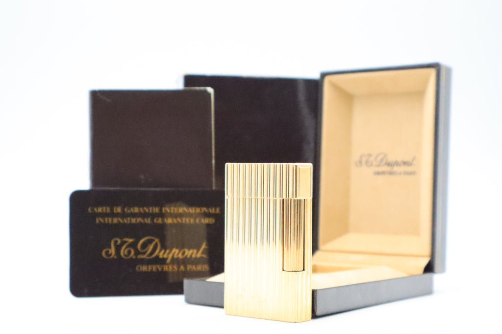 S.T. Dupont Ligne 2 Grand Modele large gold vertical stripes lighter with original box and guarantee card