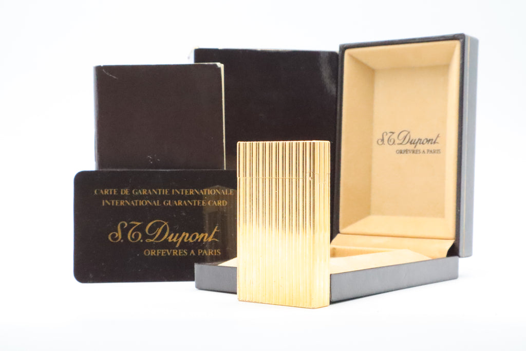 S.T. Dupont Ligne 2 Grand Modele large gold vertical stripes lighter with original box and guarantee card