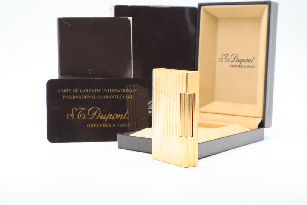 S.T. Dupont Ligne 2 Grand Modele large gold vertical stripes lighter with original box and guarantee card