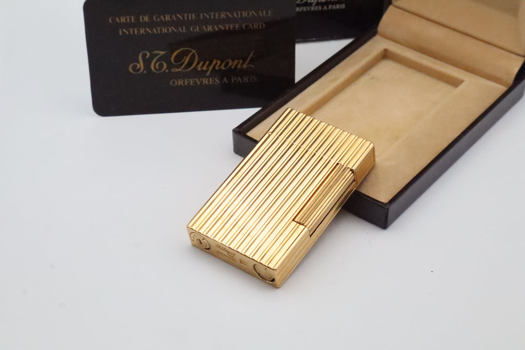 S.T. Dupont Ligne 2 Grand Modele large gold vertical stripes lighter with original box and guarantee card