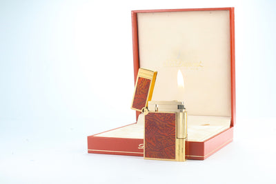 S.T. Dupont Gatsby lighter in marbled red laque de chine with gold plated trim, in its original red box