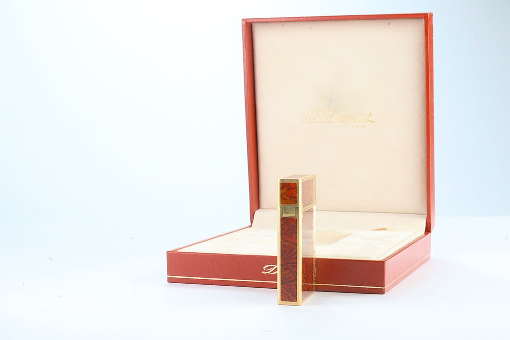 S.T. Dupont Gatsby lighter in marbled red laque de chine with gold plated trim, in its original red box