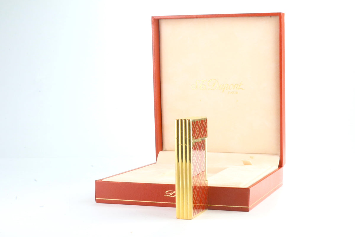 S.T. Dupont Ligne 2 Grand Modele lighter in red laque de chine with a gold cloisonne lattice, in its original red box