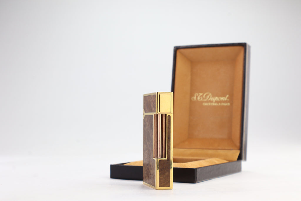 S.T. Dupont Ligne 2 Grand Modele lighter with figured burl wood panels and gold plated trim, with its original box