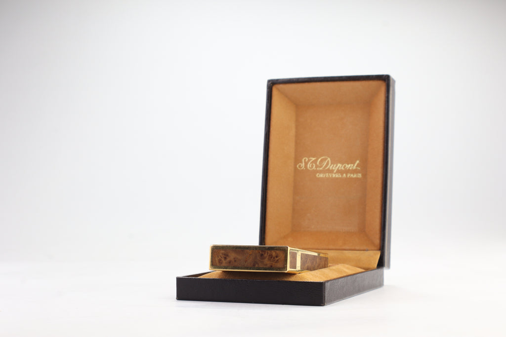 S.T. Dupont Ligne 2 Grand Modele lighter with figured burl wood panels and gold plated trim, with its original box