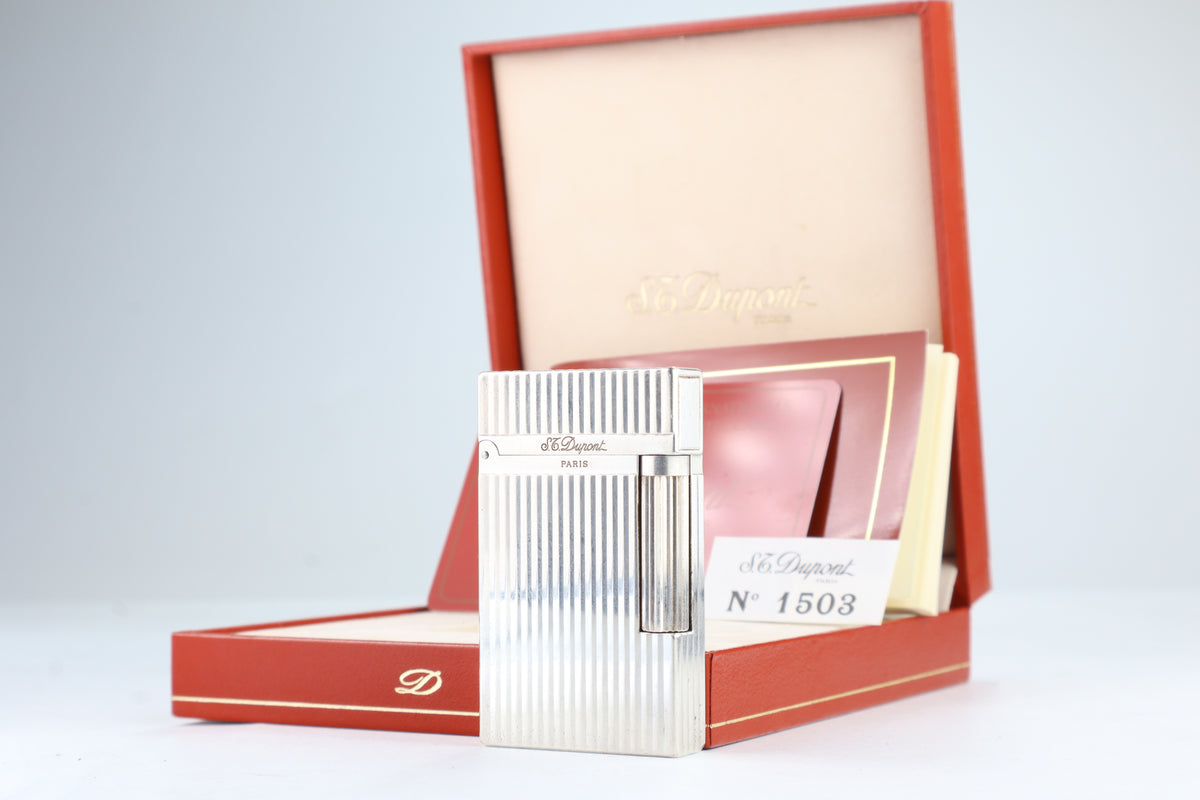 S.T. Dupont Ligne 2 Montparnasse large silver lighter with vertical striping, with its red box, papers and guarantee card