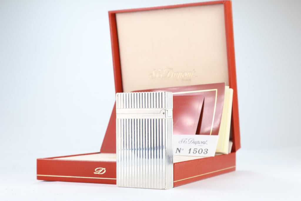 S.T. Dupont Ligne 2 Montparnasse large silver lighter with vertical striping, with its red box, papers and guarantee card