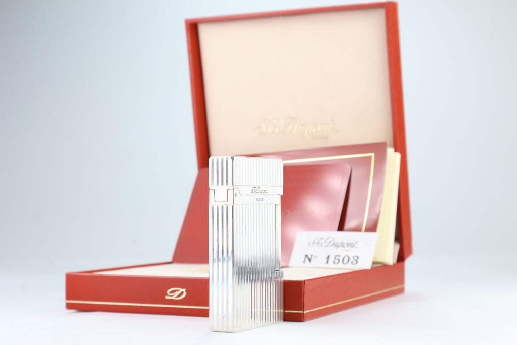 S.T. Dupont Ligne 2 Montparnasse large silver lighter with vertical striping, with its red box, papers and guarantee card