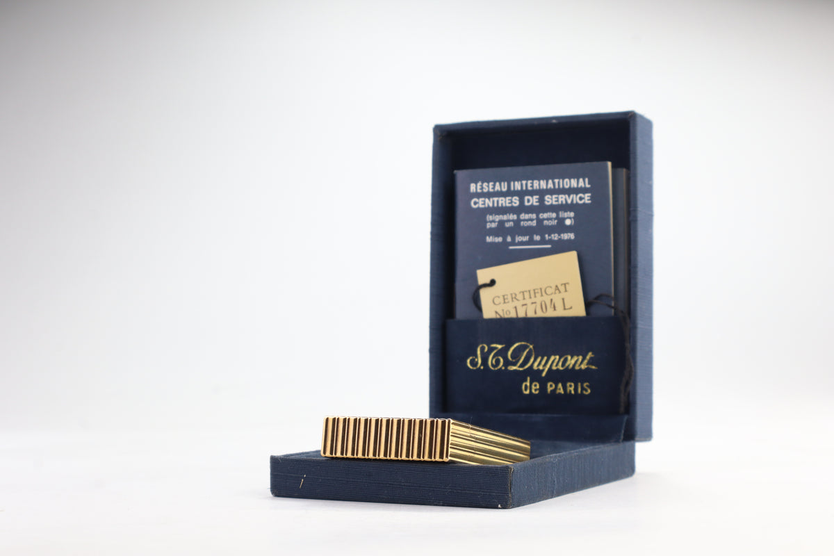 S.T. Dupont Ligne 2 pipe lighter in gold with vertical striping, with its navy box and numbered certificate